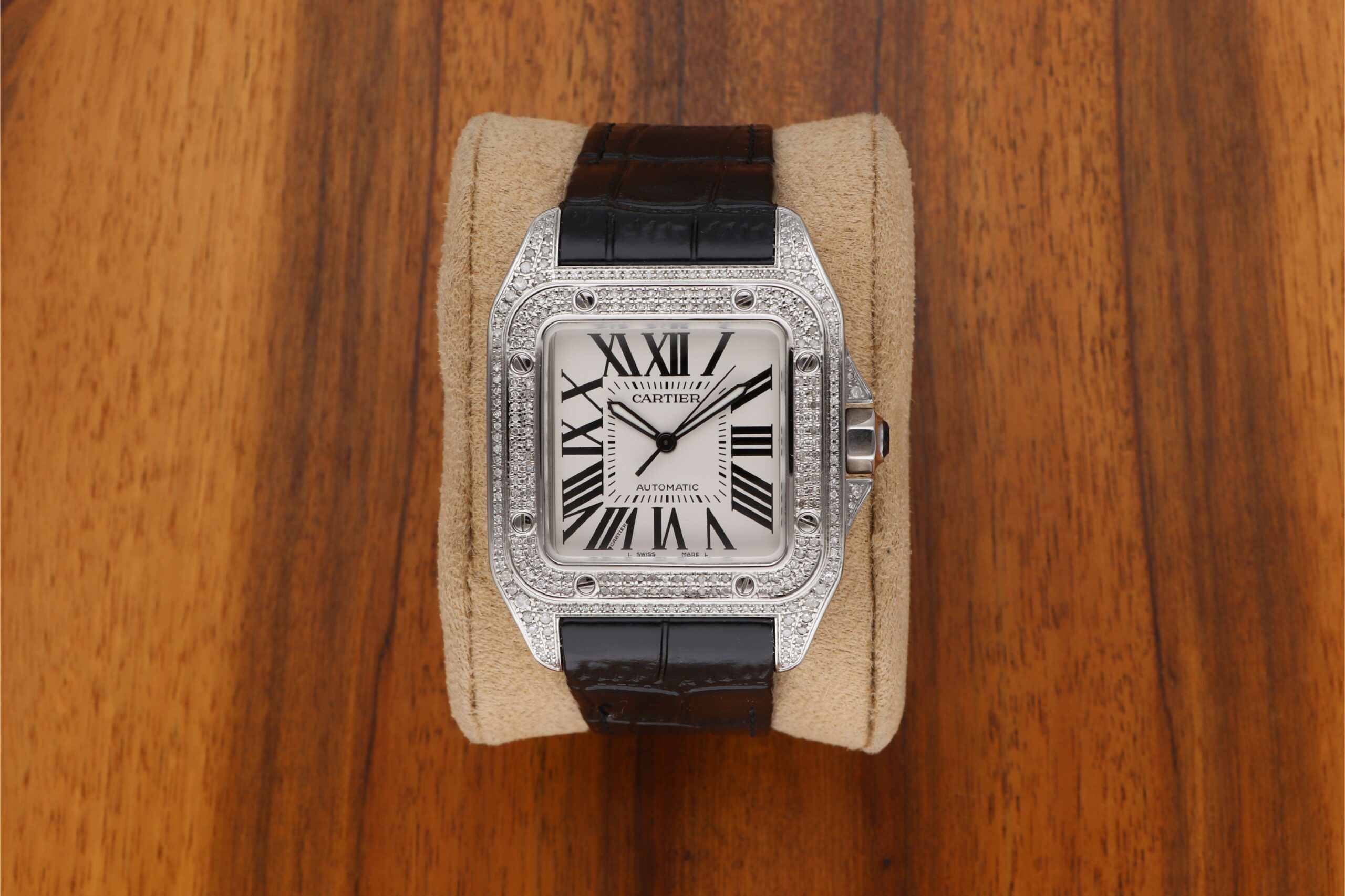 Cartier Santos 100XL Automatic Edelstahl W20073X8 mit Brilliantbesatz Iced Out und Papiere aus 2015