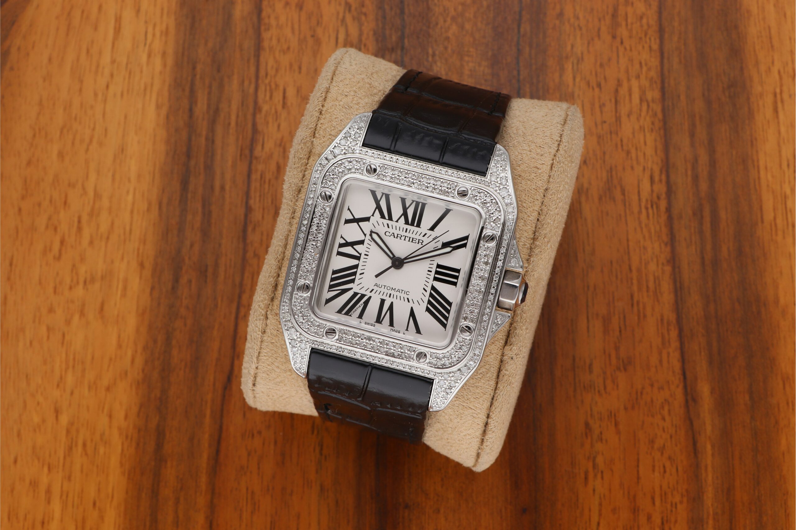 Cartier Santos 100XL Automatic Edelstahl W20073X8 mit Brilliantbesatz Iced Out und Papiere aus 2015