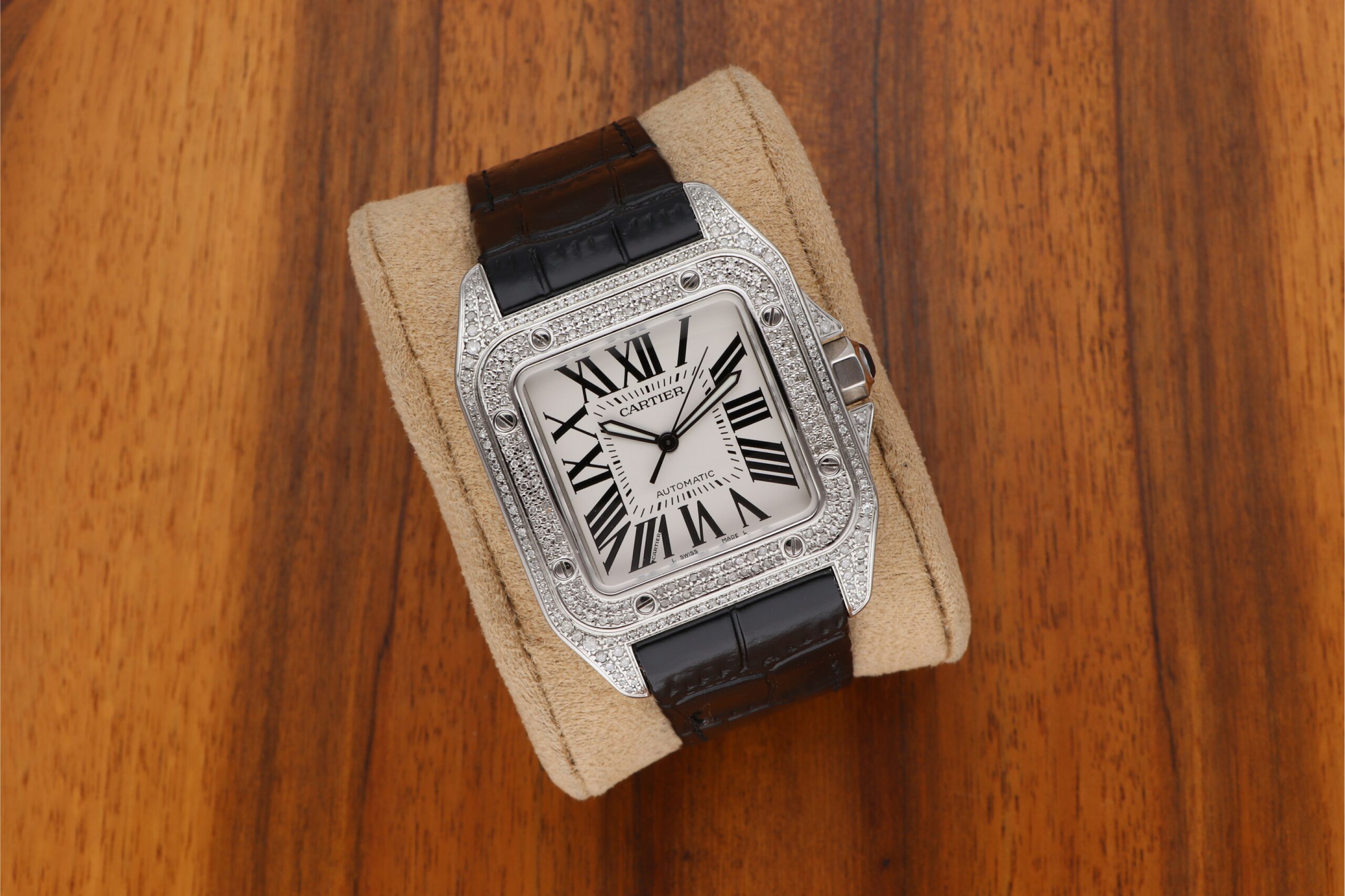 Cartier Santos 100XL Automatic Edelstahl W20073X8 mit Brilliantbesatz Iced Out und Papiere aus 2015