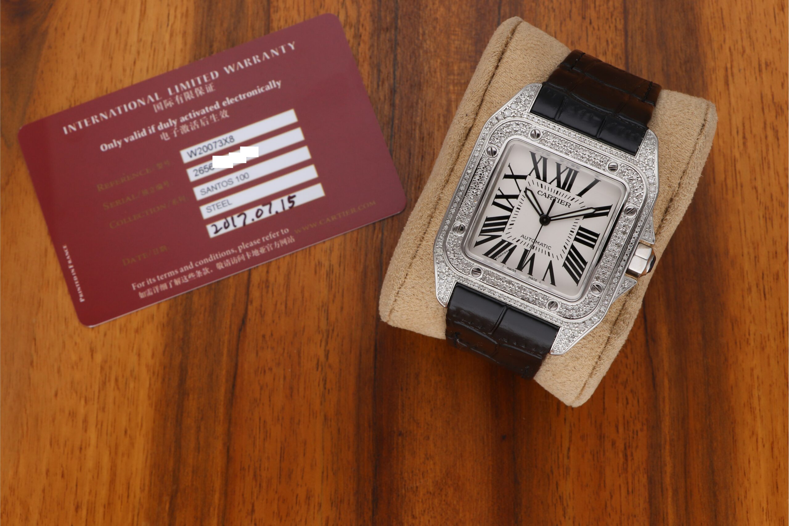 Cartier Santos 100XL Automatic Edelstahl W20073X8 mit Brilliantbesatz Iced Out und Papiere aus 2015