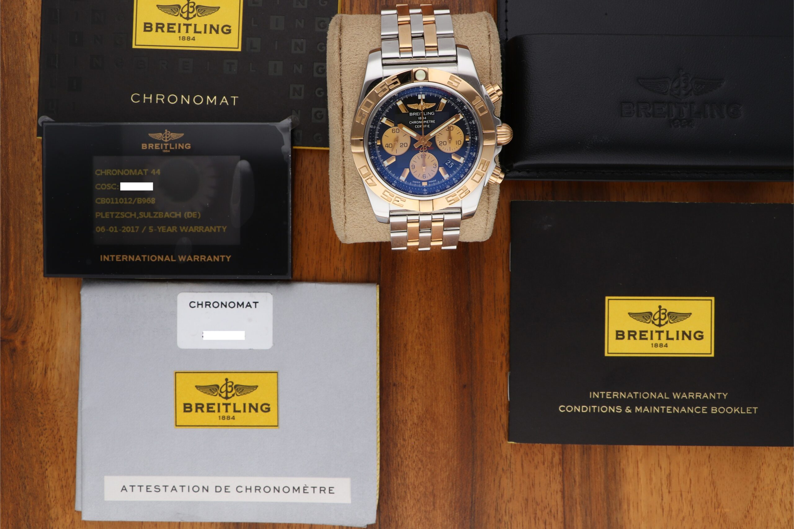 Breitling Chronomat B01 44mm 18k 750 Roségold Stahl Pilotband CB011012 B968 im deutschen Fullset im BESTZUSTAND